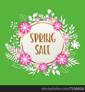 Floral background for seasonal spring sale with paper leaves and pink flowers. Vector illustration