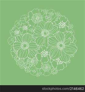 Floral background.Hand drawn flowers and leaves in a circle. Sketch illustration. Hand drawn flowers and leaves in a circle.