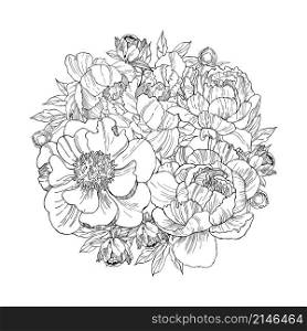 Floral background.Hand drawn flowers and leaves in a circle. Sketch illustration. Hand drawn flowers and leaves in a circle.