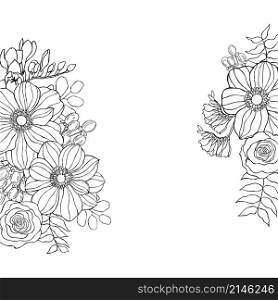 Floral background. Hand drawn flowers and leaves. Sketch illustration. Hand drawn flowers and leaves.
