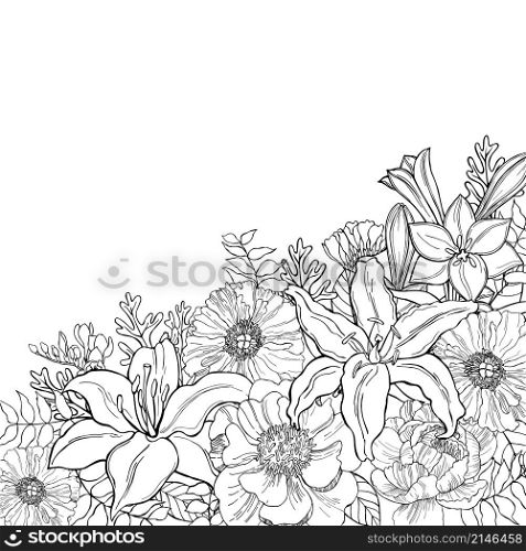 Floral background.Hand drawn flowers and leaves. Sketch illustration. Hand drawn flowers and leaves.