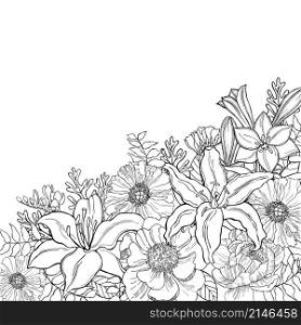 Floral background.Hand drawn flowers and leaves. Sketch illustration. Hand drawn flowers and leaves.