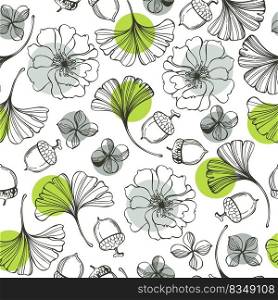 Floral background. Seamless vector pattern with hand-drawn flowers and  ginkgo leaves.. Floral pattern with flowers and ginkgo leaves.