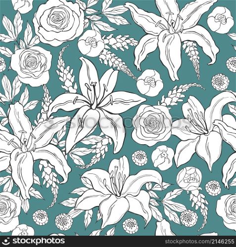 Floral background. Seamless vector pattern with hand drawn flowers and leaves. Floral pattern on white background