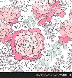 Floral background. Seamless vector pattern with hand drawn flowers and leaves. Floral pattern on white background