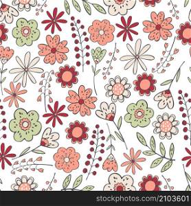 Floral background. Seamless vector pattern with hand drawn flowers. Floral pattern on white background