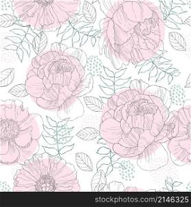 Floral background. Seamless vector pattern with hand drawn peonies and leaves. Floral pattern on white background