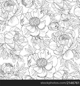 Floral background. Seamless vector pattern with hand drawn peonies. Floral pattern on white background