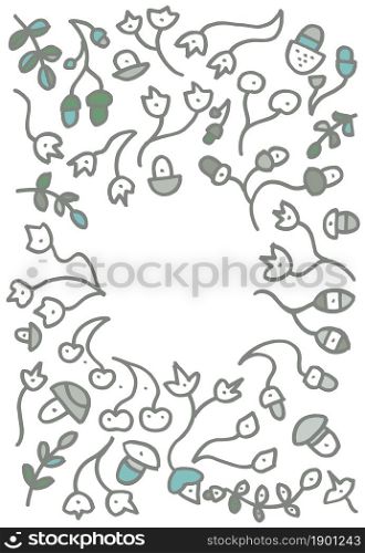 Floral background. Vector floral design, leaf pattern. Plants ornament with copy space. Illustration with acorn, berry and mushrooms for paper, textile, cover or web
