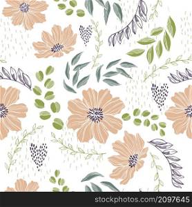 Floral background. Vector seamless pattern with hand-drawn flowers and leaves. . Vector pattern with flowers and leaves.