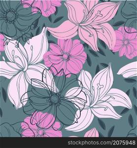 Floral background. Vector seamless pattern with hand drawn flowers. Flowers. Vector pattern