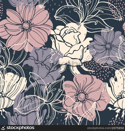 Floral background. Vector seamless pattern with hand drawn flowers. Flowers. Vector pattern