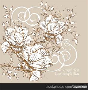 floral background with blooming flowers, swirls and leaves