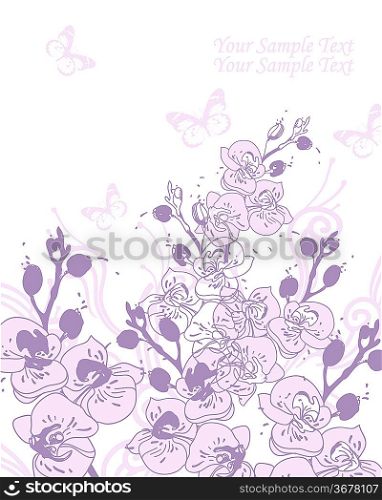 floral background with blooming orchids and gentle butterflies