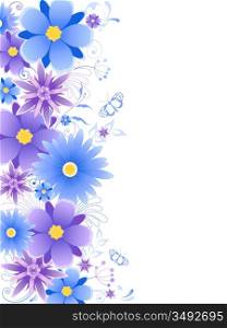 floral background with blue flowers, leaves, ornament and butterflies