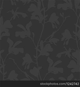 Floral background with branch and magnolia flower in black. Seamless pattern with magnolia tree blossom. Dark design with floral elements. Hand drawn botanical illustration