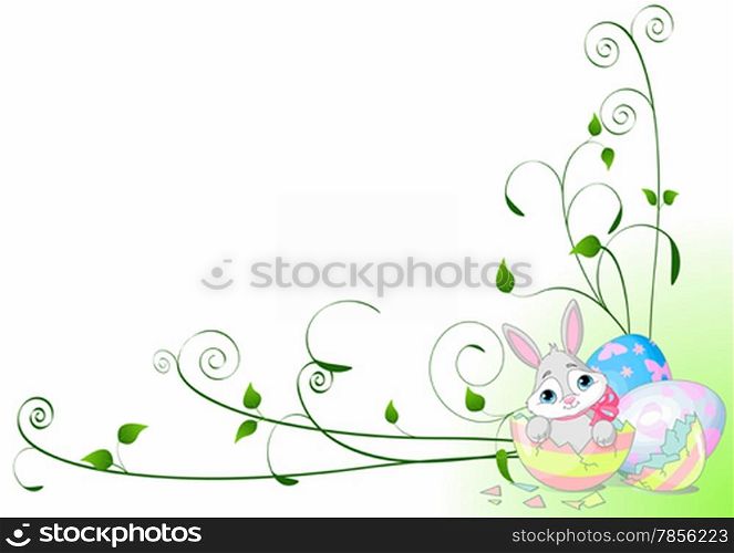 Floral Background with Easter bunny sitting in the broken Easter Egg