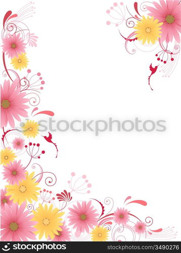 floral background with flowers, leaves, ornament and birds