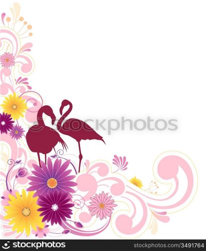 floral background with flowers, leaves, ornament and flamingo