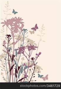 floral background with grass, flowers and butterflies