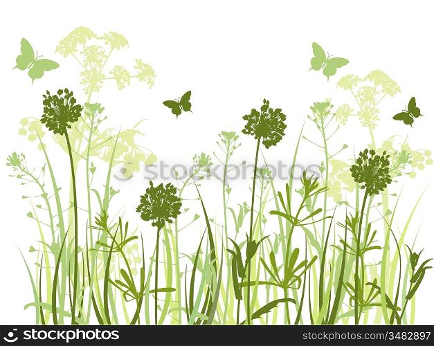 floral background with green grass and butterflies