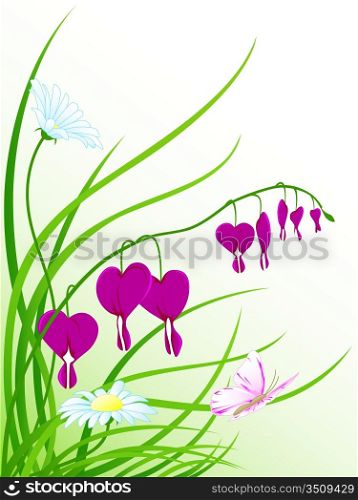 floral background with green grass, chamomile flowers and flying butterfly