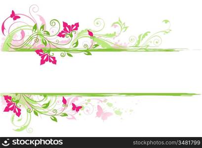 Floral background with green ornament and pink flowers