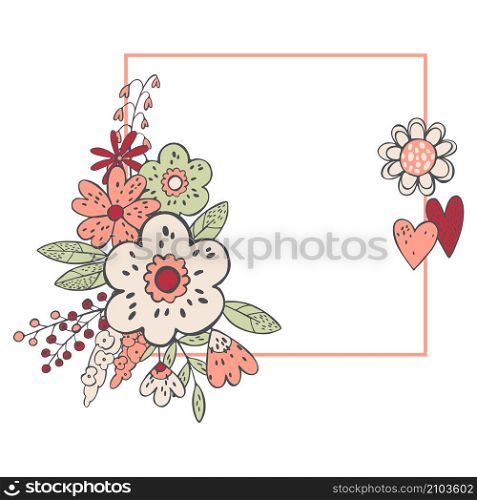 Floral background with hand drawn flowers and hearts .. Floral background . Vector sketch illustration.
