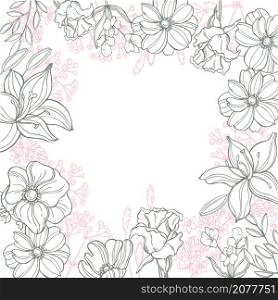 Floral background with hand drawn flowers and leaves . Vector sketch illustration.. Floral background . Vector sketch illustration.