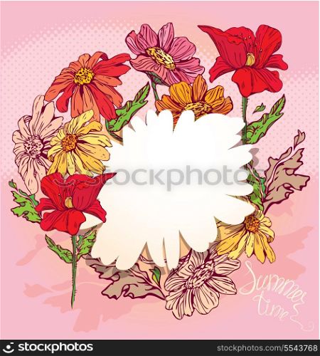 Floral Background with hand drawn flowers - poppy flowers and camomile. Card with Empty White frame in flower shape for you text.