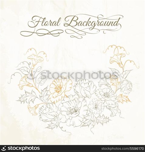 Floral background with hand drawn poppy and convolvulus. Vector illustration.