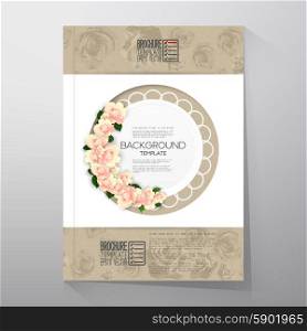 Floral background with place for text and pink flowers over canvas texture. Brochure or flyer vector template.. Floral background with place for text and pink flowers over canvas texture. Brochure or flyer vector template