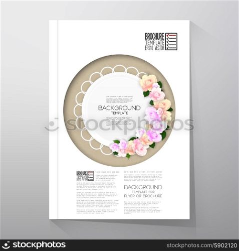 Floral background with place for text and pink flowers over canvas texture. Brochure or flyer vector template.. Floral background with place for text and pink flowers over canvas texture. Brochure or flyer vector template