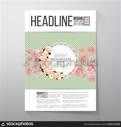Floral background with place for text and pink flowers over green dotted background. Brochure or flyer vector template.. Floral background with place for text and pink flowers over green dotted background. Brochure or flyer vector template