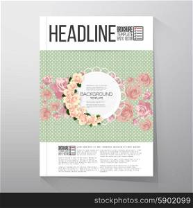Floral background with place for text and pink flowers over green dotted background. Brochure or flyer vector template.. Floral background with place for text and pink flowers over green dotted background. Brochure or flyer vector template