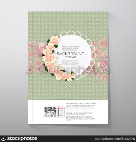 Floral background with place for text and pink flowers over green dotted background, canvas texture. Brochure or flyer vector template.