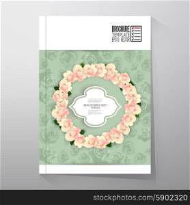 Floral background with place for text and pink flowers over green shabby background. Brochure or flyer vector template.. Floral background with place for text and pink flowers over green shabby background. Brochure or flyer vector template