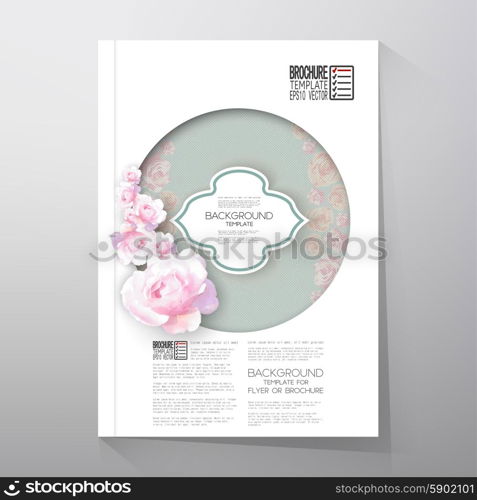 Floral background with place for text and pink flowers over linear blue background. Brochure or flyer vector template.. Floral background with place for text and pink flowers over linear blue background. Brochure or flyer vector template