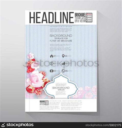 Floral background with place for text and pink flowers over linear blue background. Brochure or flyer vector template.. Floral background with place for text and pink flowers over linear blue background. Brochure or flyer vector template