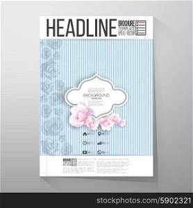 Floral background with place for text and pink flowers over linear blue background. Brochure or flyer vector template.. Floral background with place for text and pink flowers over linear blue background. Brochure or flyer vector template