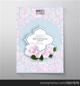 Floral background with place for text and pink flowers over linear blue background, canvas texture. Brochure or flyer vector template.