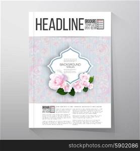 Floral background with place for text and pink flowers over linear blue background, canvas texture. Brochure or flyer vector template.
