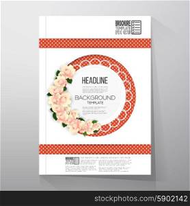 Floral background with place for text and pink flowers over red dotted background. Brochure or flyer vector template.. Floral background with place for text and pink flowers over red dotted background. Brochure or flyer vector template