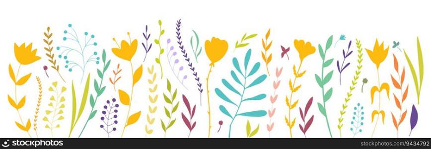 Floral background with various hand drawn flowers in bright colors. Botanical elements. Flower bed. Floral collection
