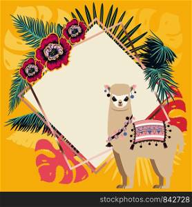 Floral banner with cute alpaca, tropical leaves and flowers design.