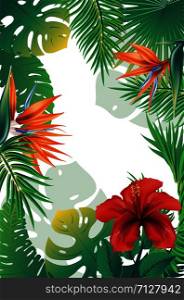 Floral banner with tropical leaves and exotic flowers design.