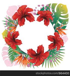 Floral banner with tropical leaves and exotic flowers design.