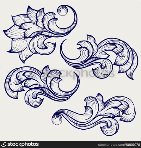 Floral baroque engraving elements. Hand drawn floral baroque engraving elements on grey backdrop. ector illustration