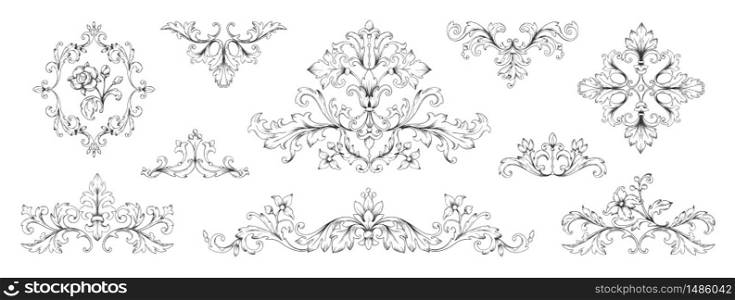 Floral baroque ornaments. Vintage Victorian frame decorative elements, swirl heraldic engraved with leaves and flowers. Vector retro ornamentals illustration set for designs. Floral baroque ornaments. Vintage Victorian frame decorative elements, swirl heraldic engraved with leaves and flowers. Vector retro set