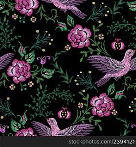 Floral birds pattern. Embroidery bird and rose or peony, victorian artwork design. Romantic spring garden wallpaper. Flower branch vintage vector seamless texture. Embroidered blossom illustration. Floral birds pattern. Embroidery bird and rose or peony, victorian artwork design. Romantic spring garden wallpaper. Flower branch vintage vector nowaday seamless texture